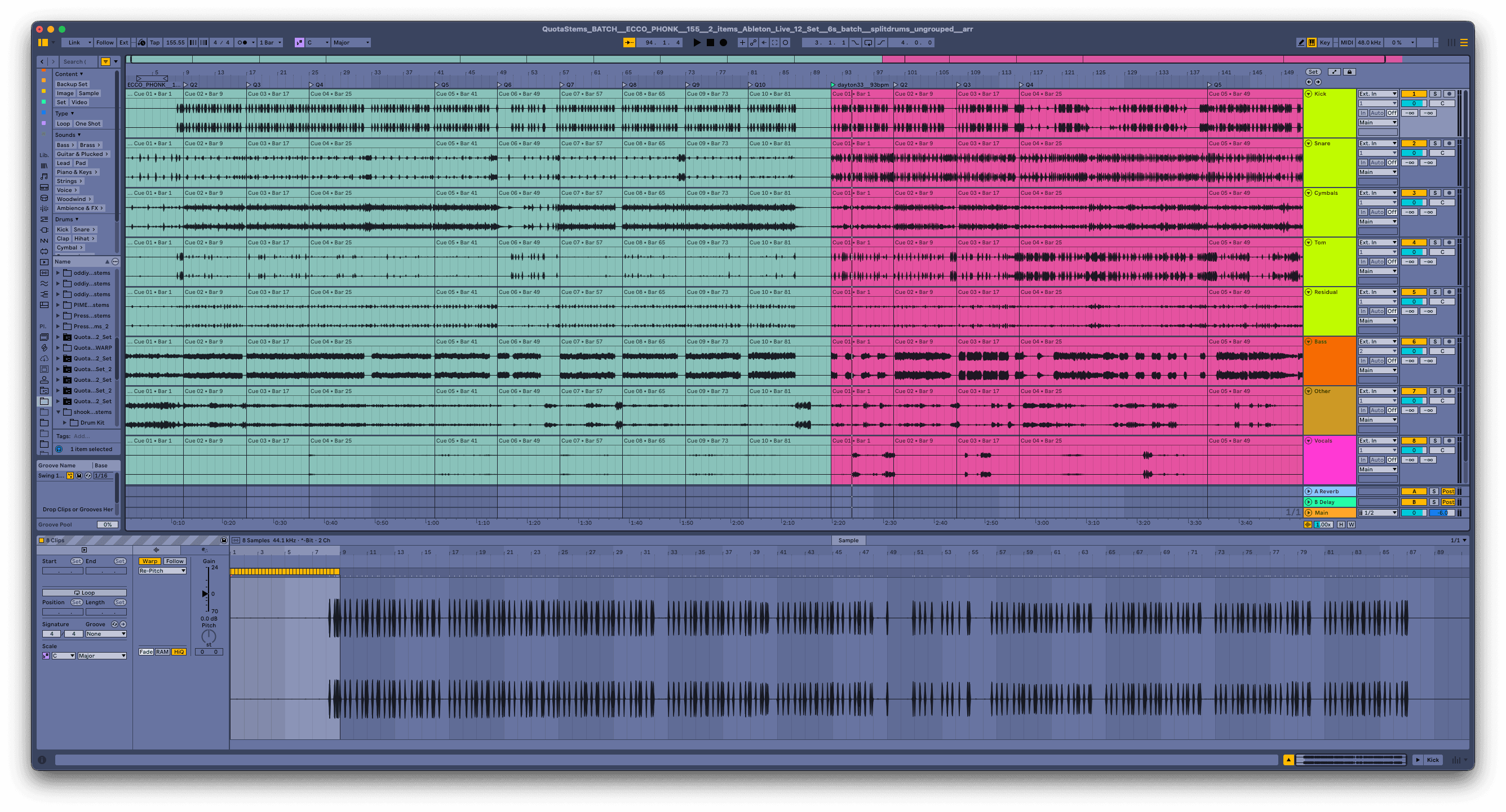 Ableton Live 12 Arrangement view built from Quota Stems stems