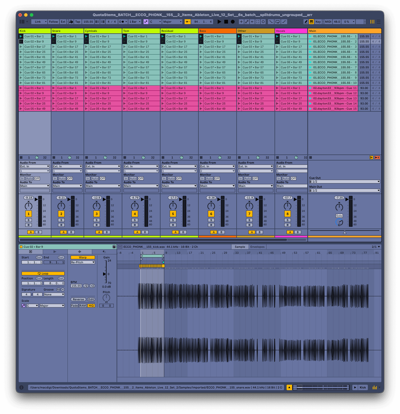 Ableton Live 12 Session view built from Quota Stems stems