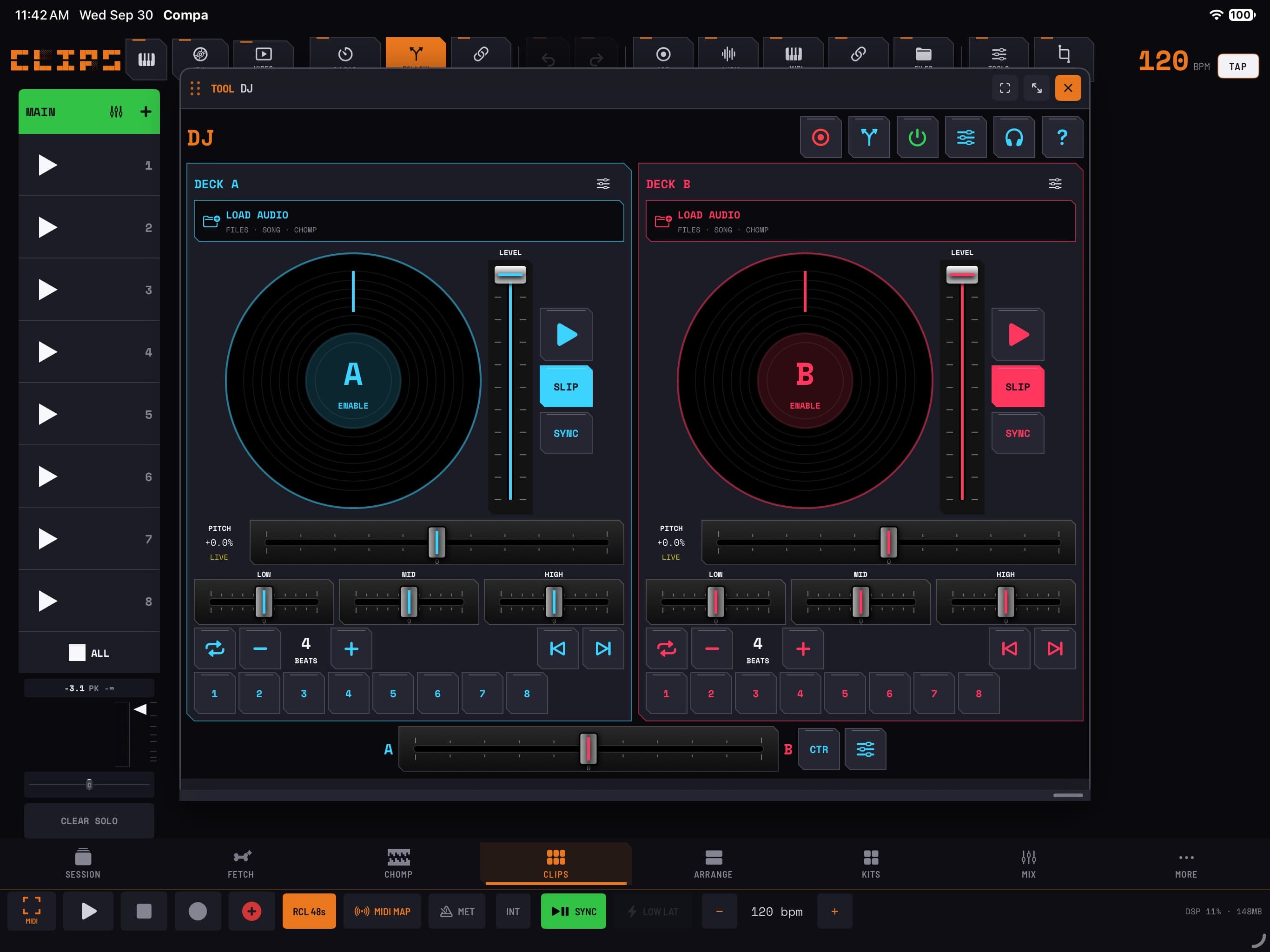 The A/B DJ workspace in a development build, with separate channel levels, EQ, loop controls, eight cue slots per deck and a centered crossfader.