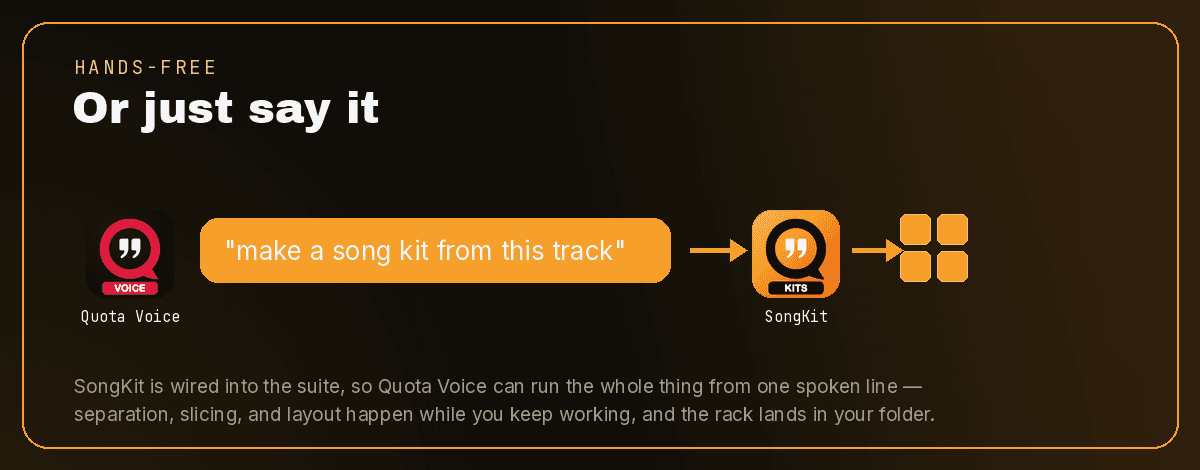 Running SongKit by voice: saying "make a song kit from this track" to Quota Voice hands the song to SongKit and returns a playable drum rack, hands-free