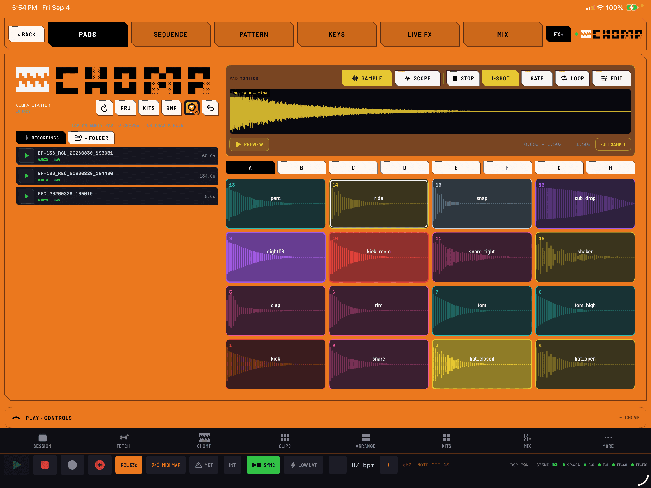 CHOMP Pads with loaded samples, the selected waveform, and the built-in file browser