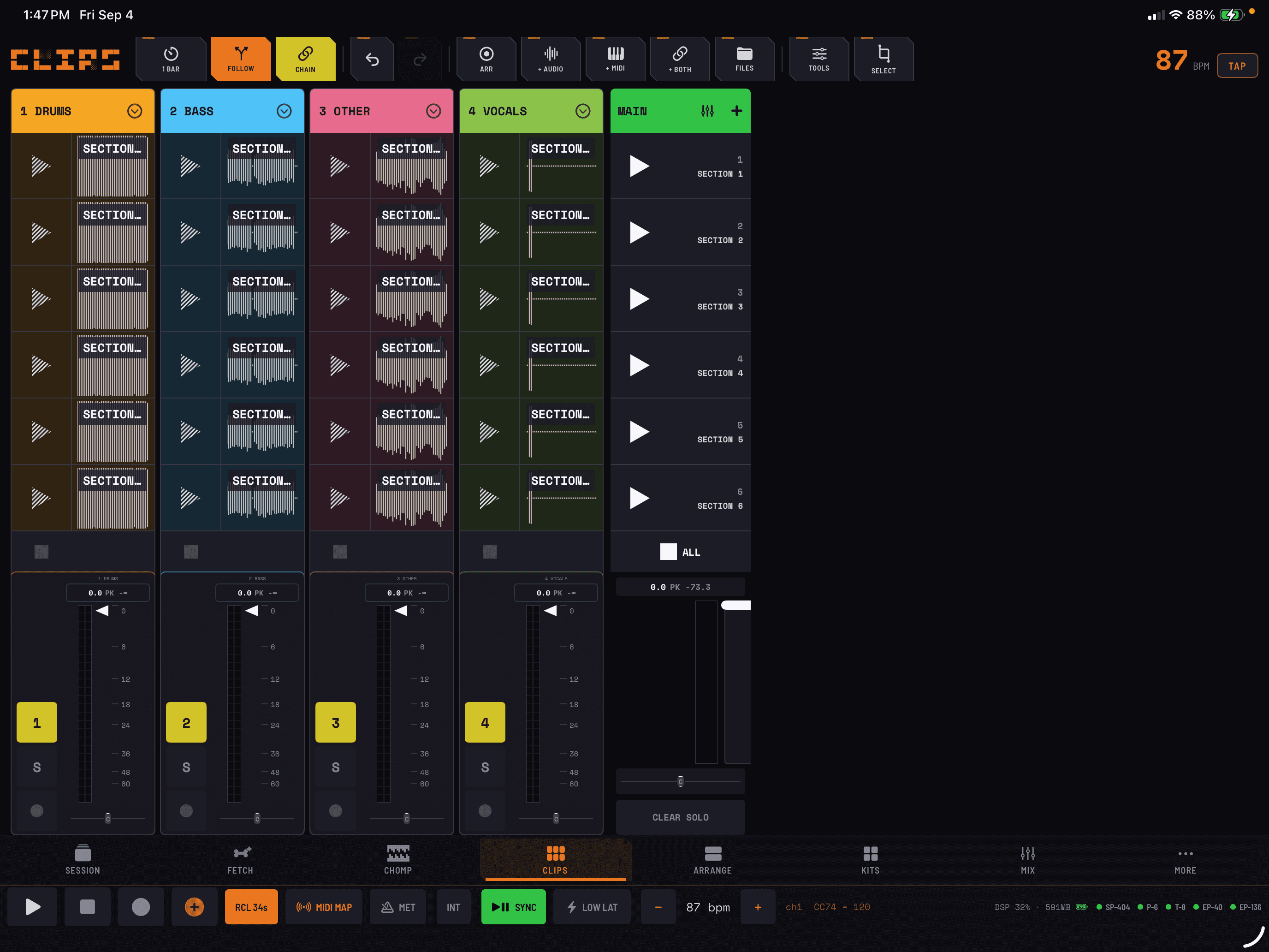 COMPA Clips with audio and MIDI loops in a scene grid