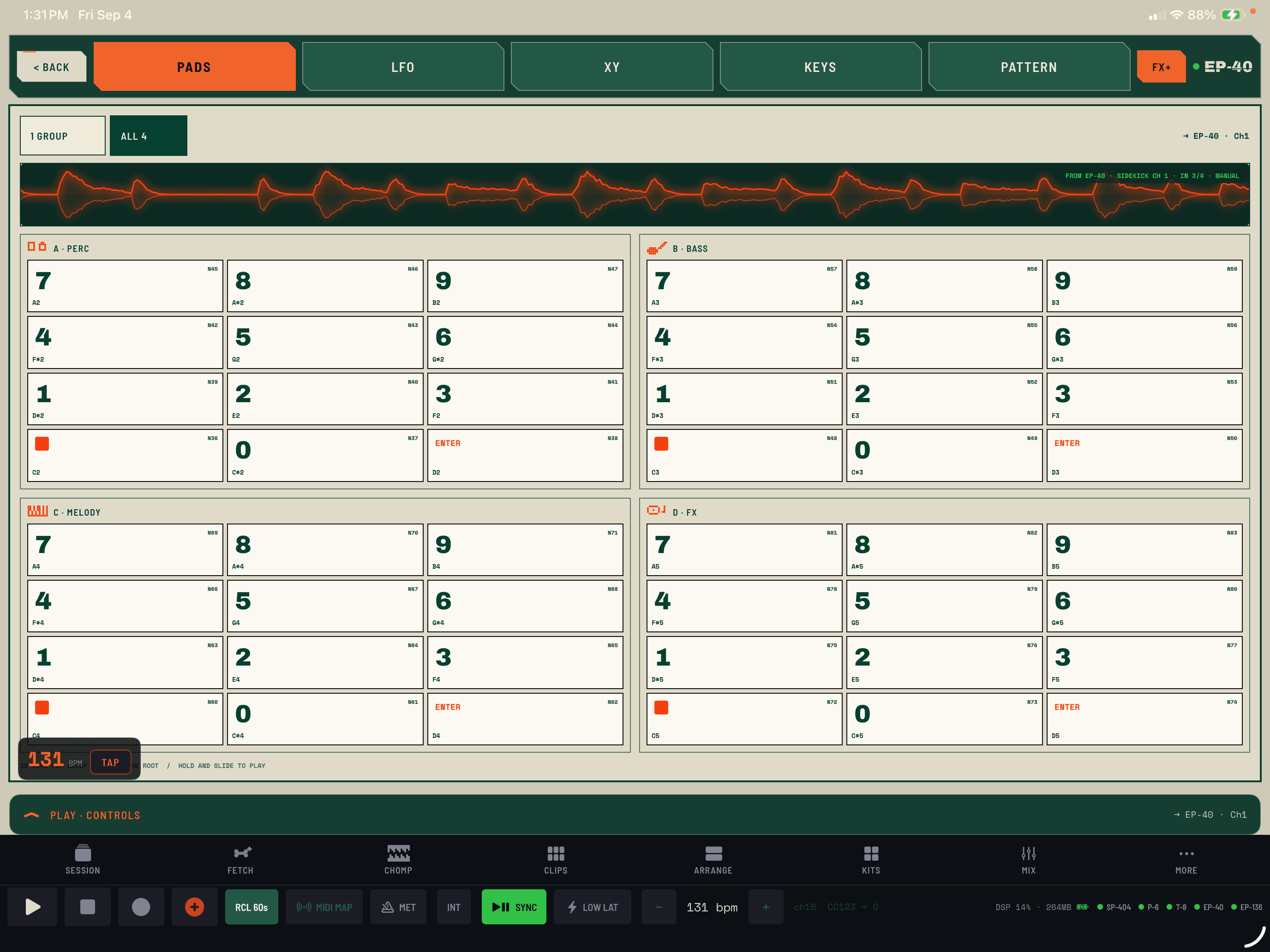 TEENAGE ENGINEERING EP-40 RIDDIM: Play percussion, bass, melody, and FX from an EP-40-specific pad layout. The groups and note mapping are already there.