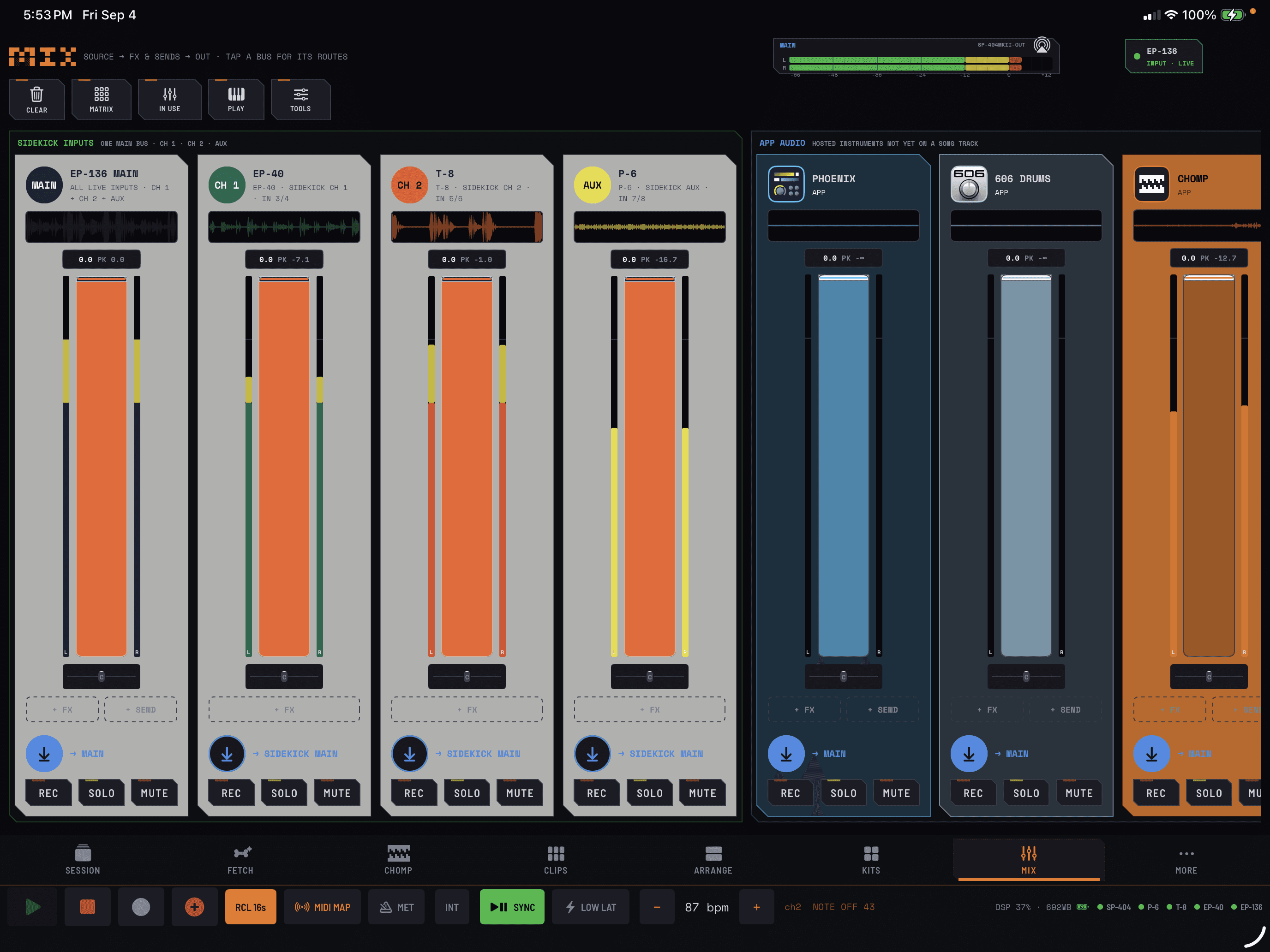 Populated COMPA Mix with Sidekick inputs, EP-40, T-8, P-6 and hosted instrument strips