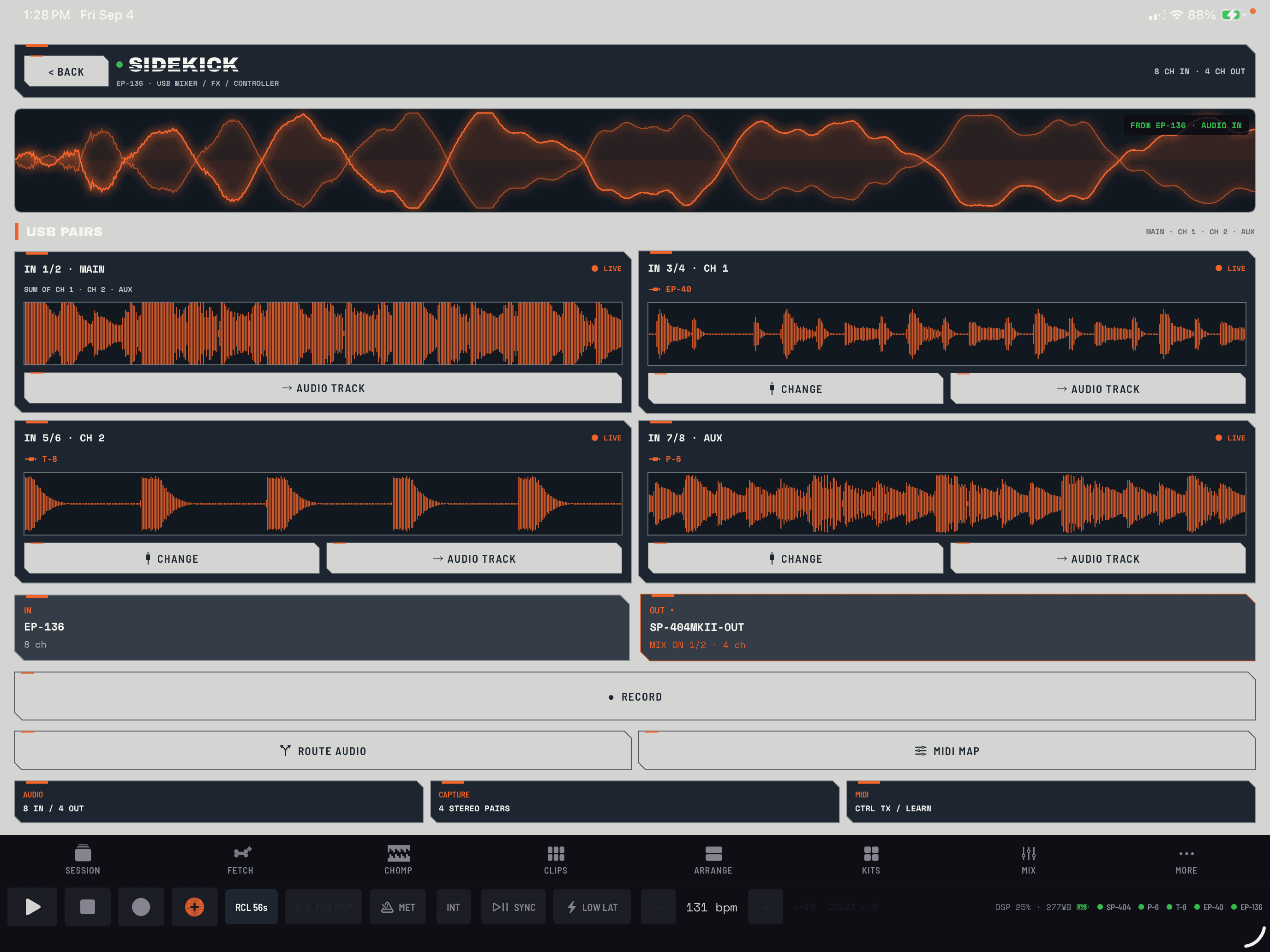 EP-136 K.O. SIDEKICK: See the main mix and individual stereo pairs. Assign your connected instruments and send an input pair straight to an audio track.