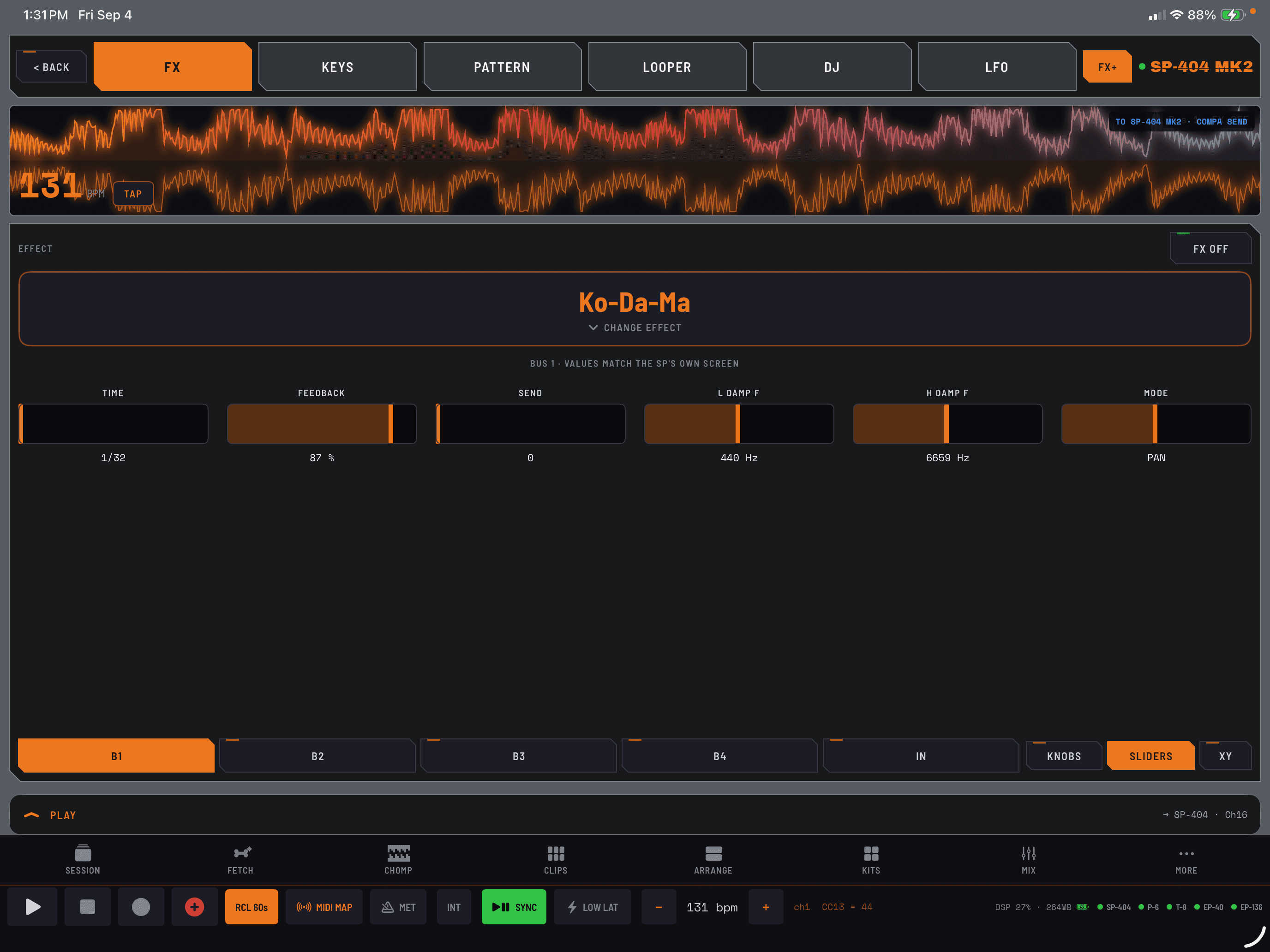 ROLAND SP-404MKII: Reach the SP’s own effect parameters from COMPA. Here, Ko-Da-Ma’s timing, feedback, damping, and mode are all within reach.