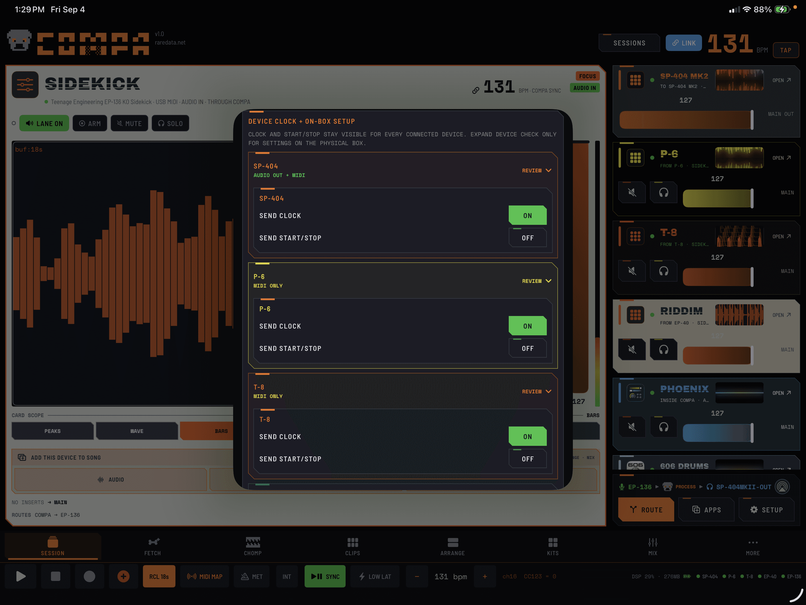 COMPA hardware setup with separate MIDI clock and Start/Stop controls for connected devices