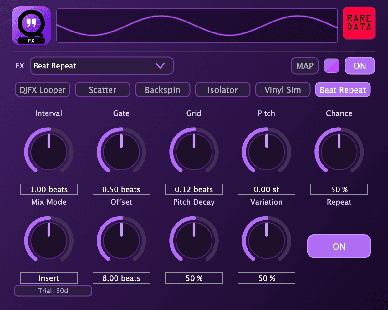 QuotaFX running the Scatter effect with the live oscilloscope, favorites row, and macro knobs