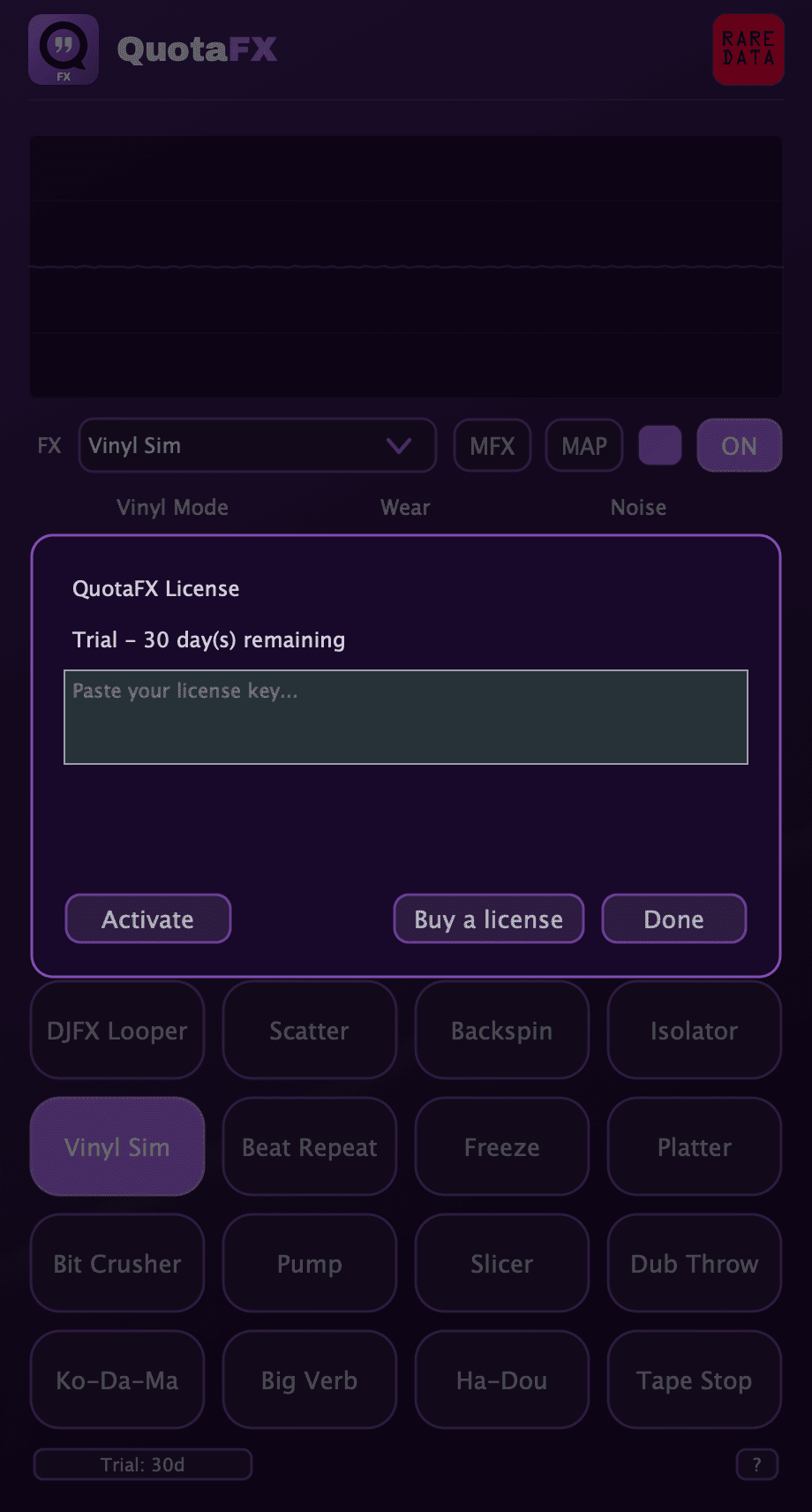 QuotaFX license panel showing the 30-day trial and activation field