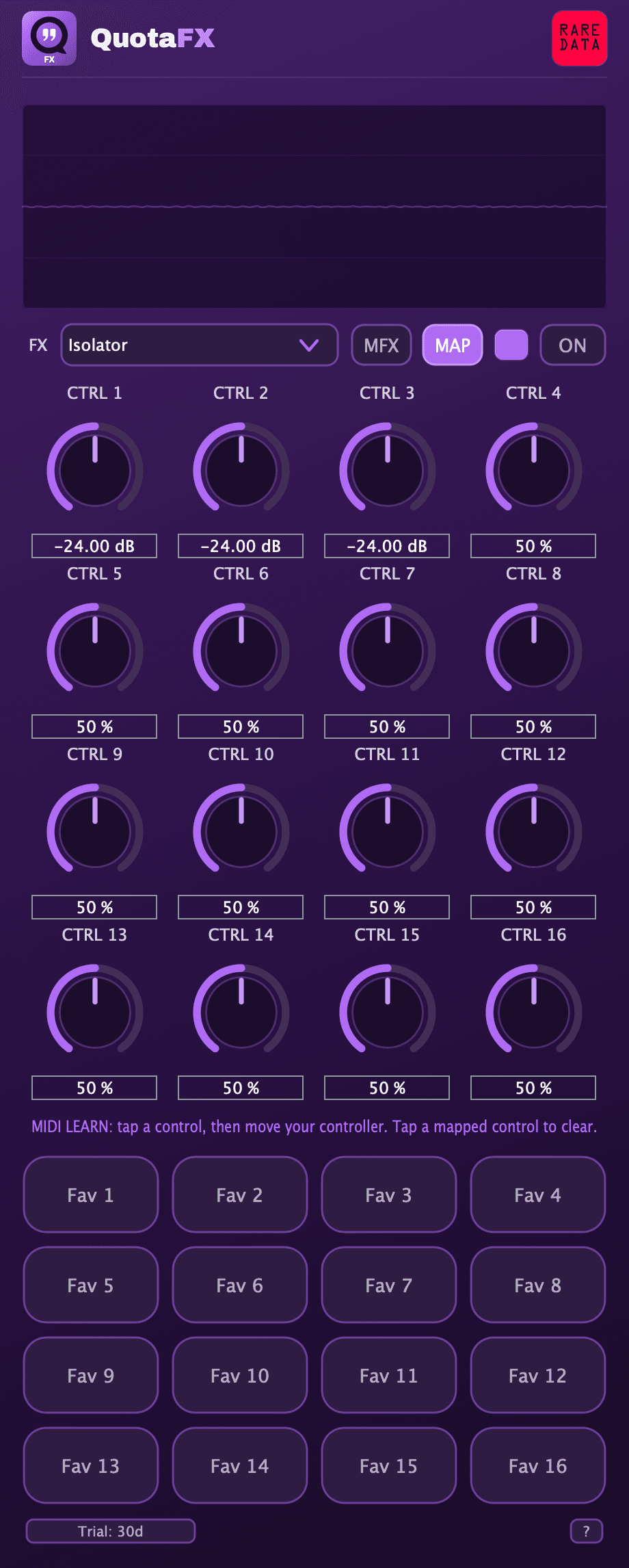 QuotaFX in MAP mode showing the 16 CTRL macro grid over the 16 favorite pads
