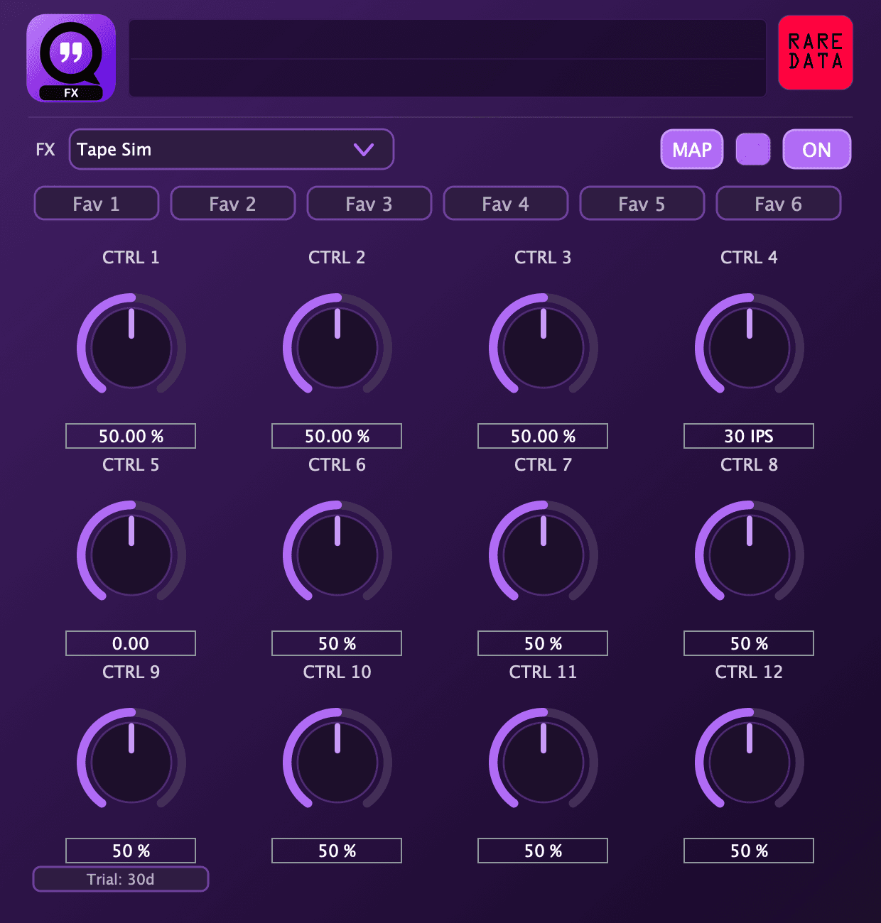 QuotaFX in MAP mode showing the 12 CTRL macro grid and the favorites row