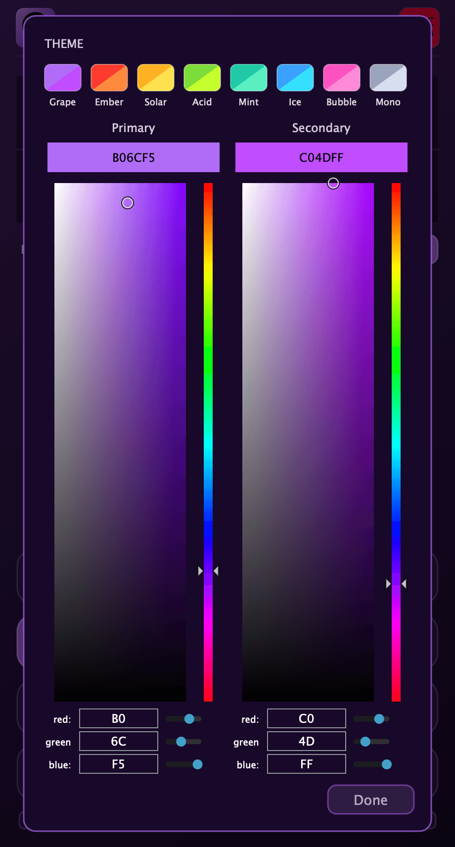 QuotaFX theme designer with eight presets and a two-color picker