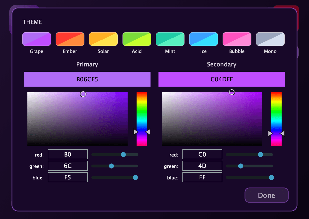 QuotaFX theme designer with eight presets and a two-color picker