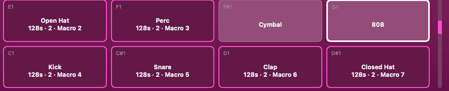 128s pads in the grid, each labeled with its sample count and macro knob