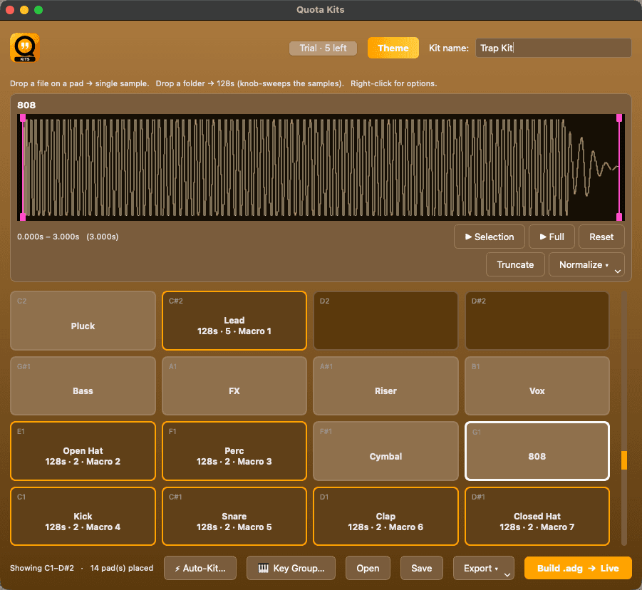 The Quota Kits workspace — pad grid, waveform editor, and 128s macro-swept pads