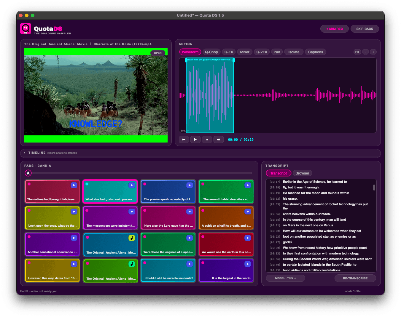 Quota DS with a movie loaded: the video well playing picture, the waveform with a chop highlighted, sixteen filled pads on bank A, and the timestamped transcript beside them