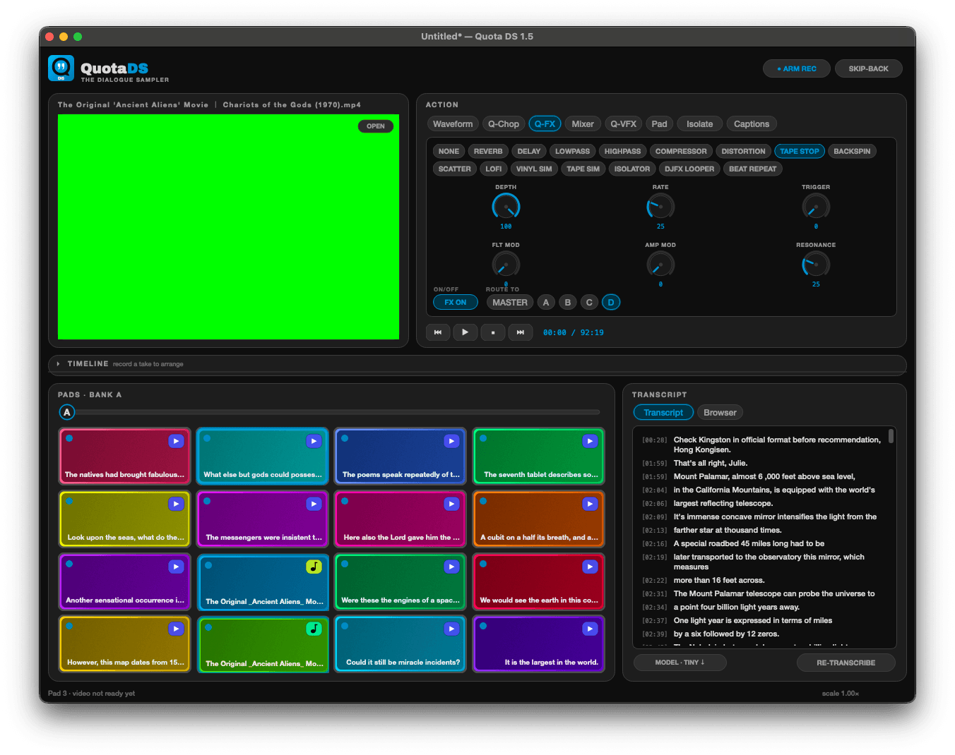 The same Quota DS Q-FX panel and the same settings, in a blue palette