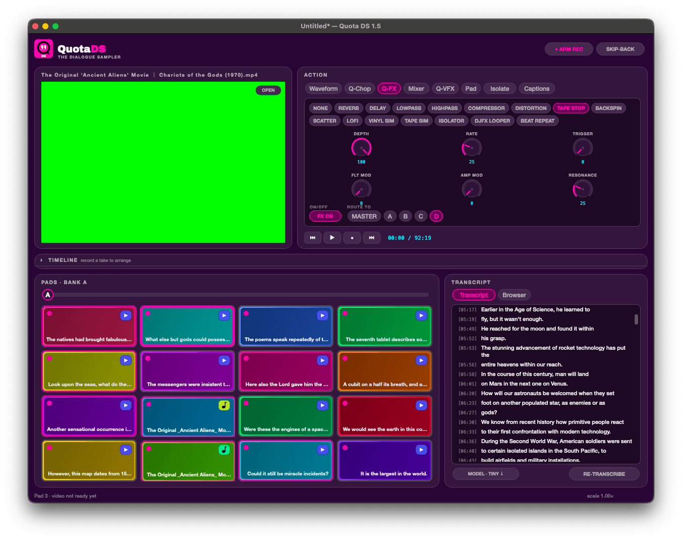 The Q-FX tab with tape stop selected out of fifteen effects, six control knobs, FX on, and the effect routed to bus D