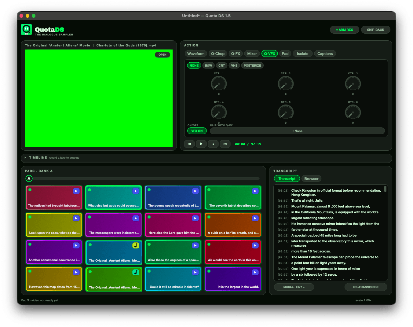 The Q-VFX tab with the video effect chips for B and W, CRT, VHS and posterize, six control knobs, and the PAIR WITH Q-FX picker
