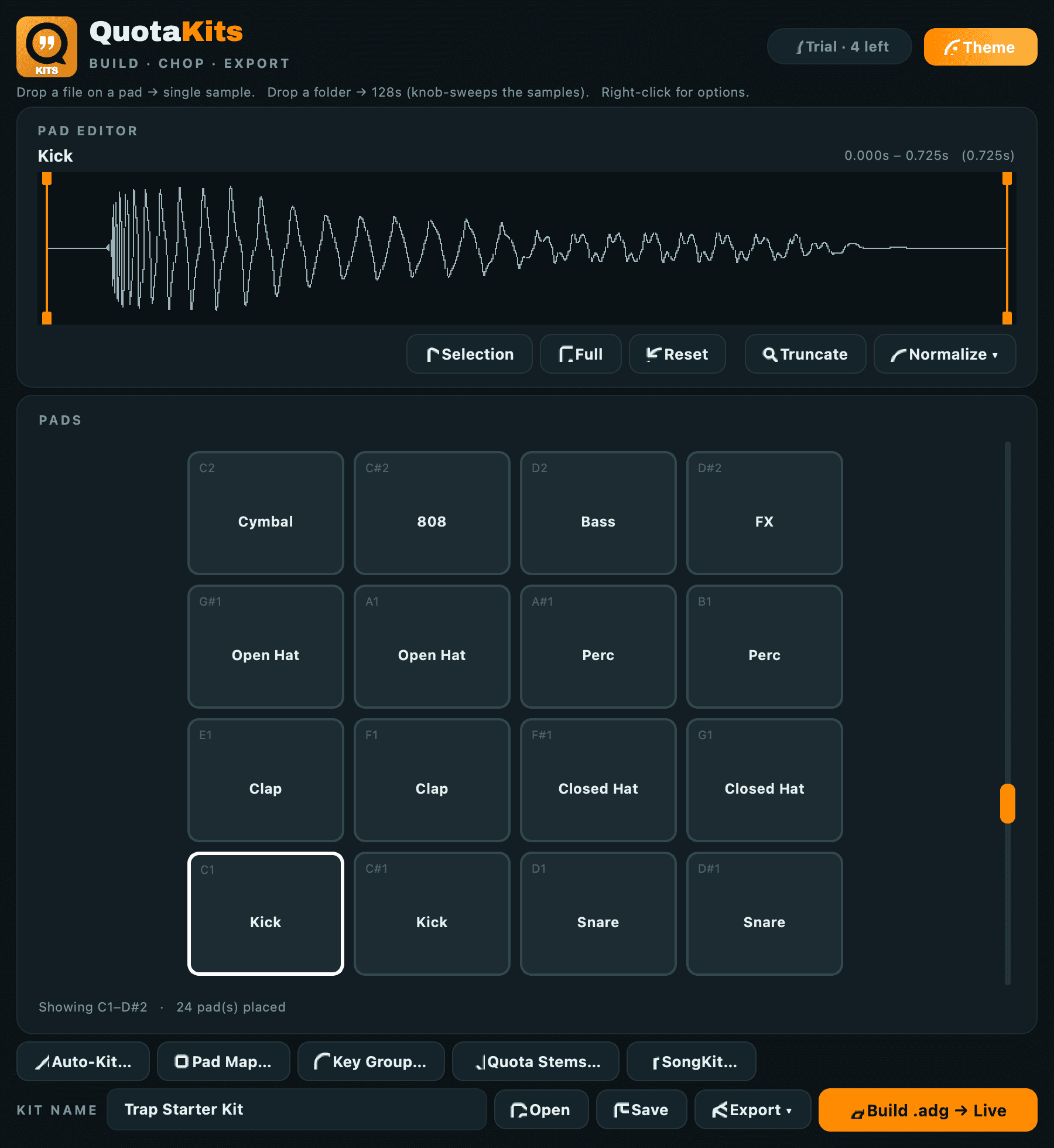 The Quota Kits workspace: the Pad Editor with a kick waveform and its trim handles on top, the note-named pad grid with 24 pads placed below, and the build row along the bottom