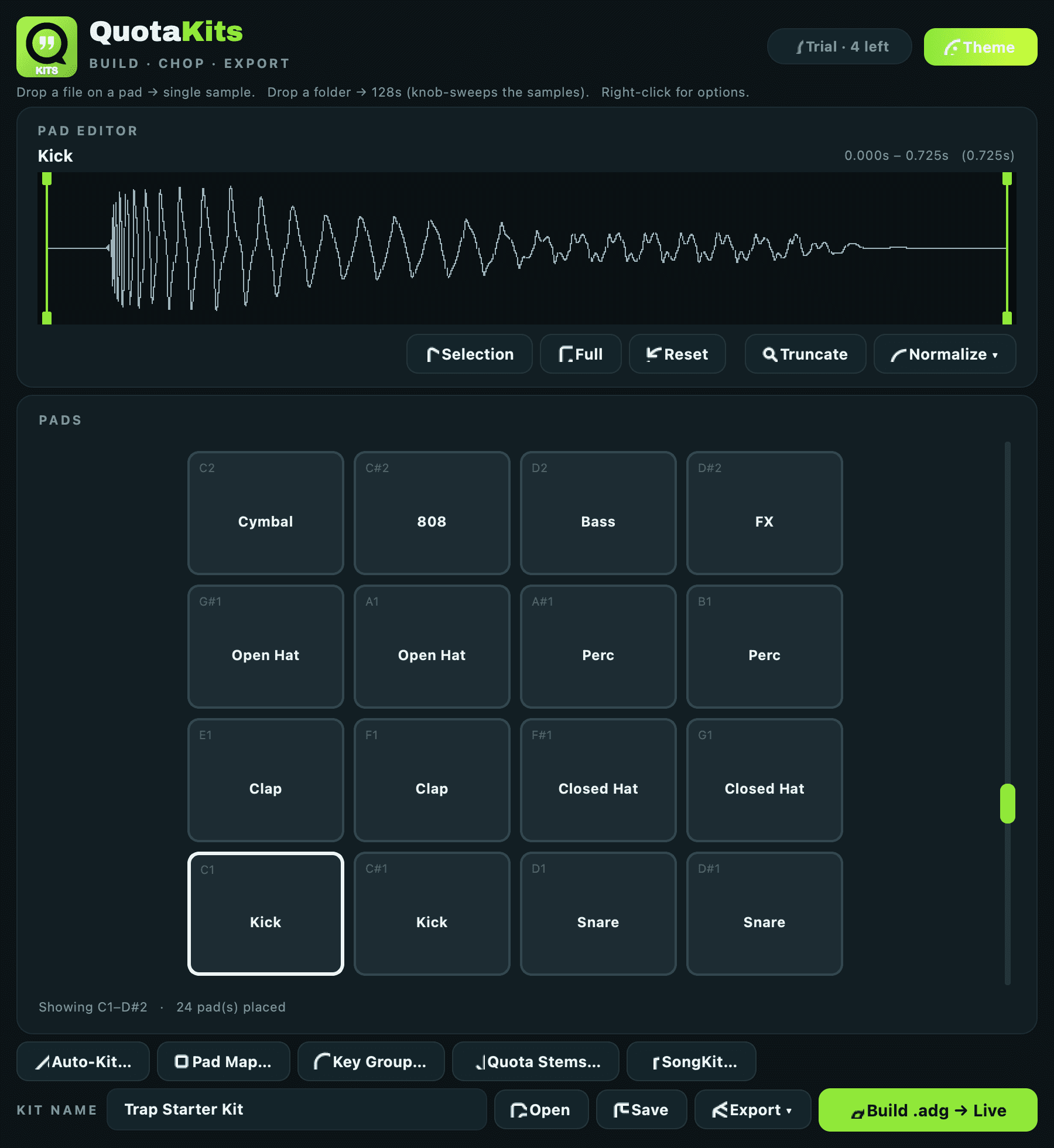 The Quota Kits workspace in the Acid theme