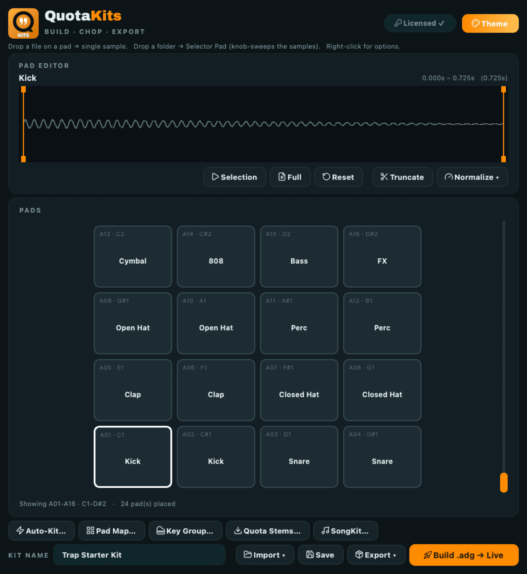 The Quota Kits workspace in the Gold theme