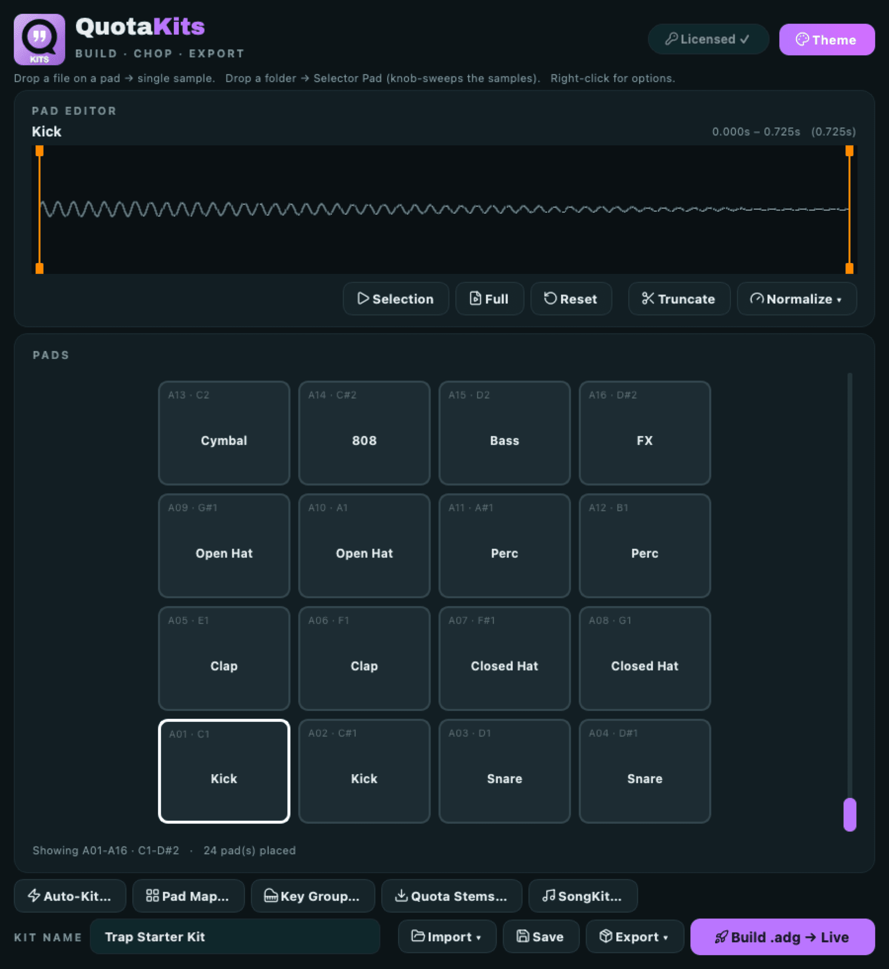 The Quota Kits workspace in the Grape theme