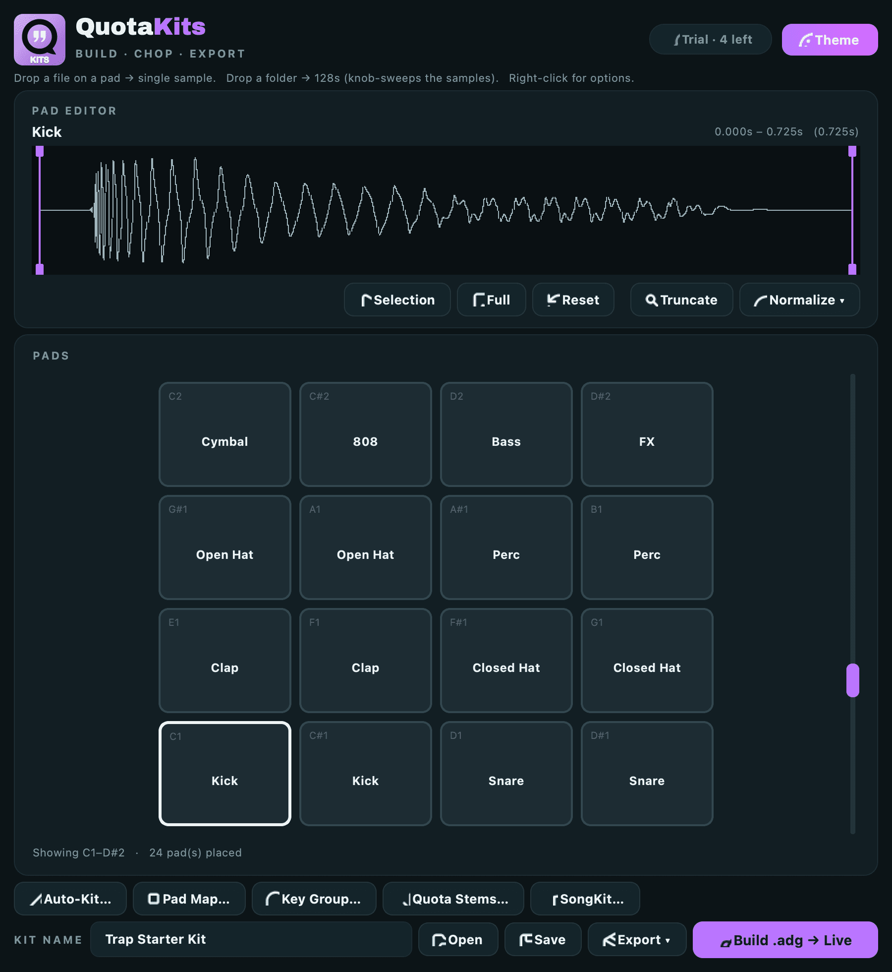 The Quota Kits workspace in the Grape theme