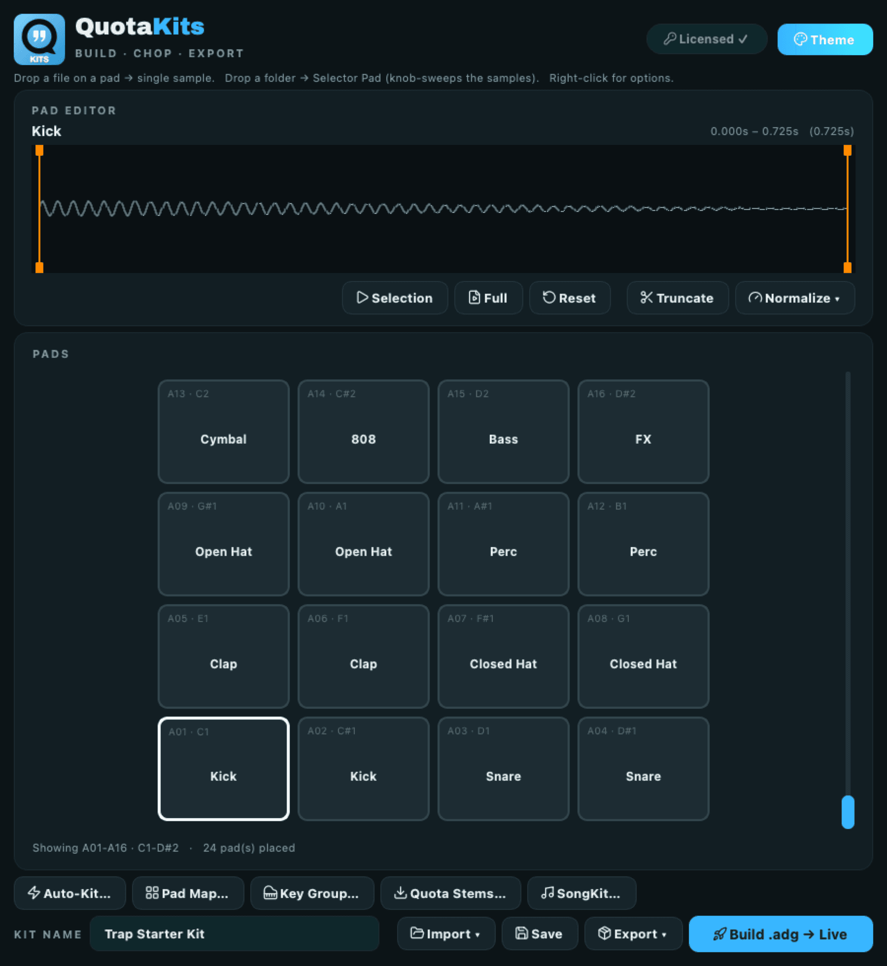 The Quota Kits workspace in the Ice theme