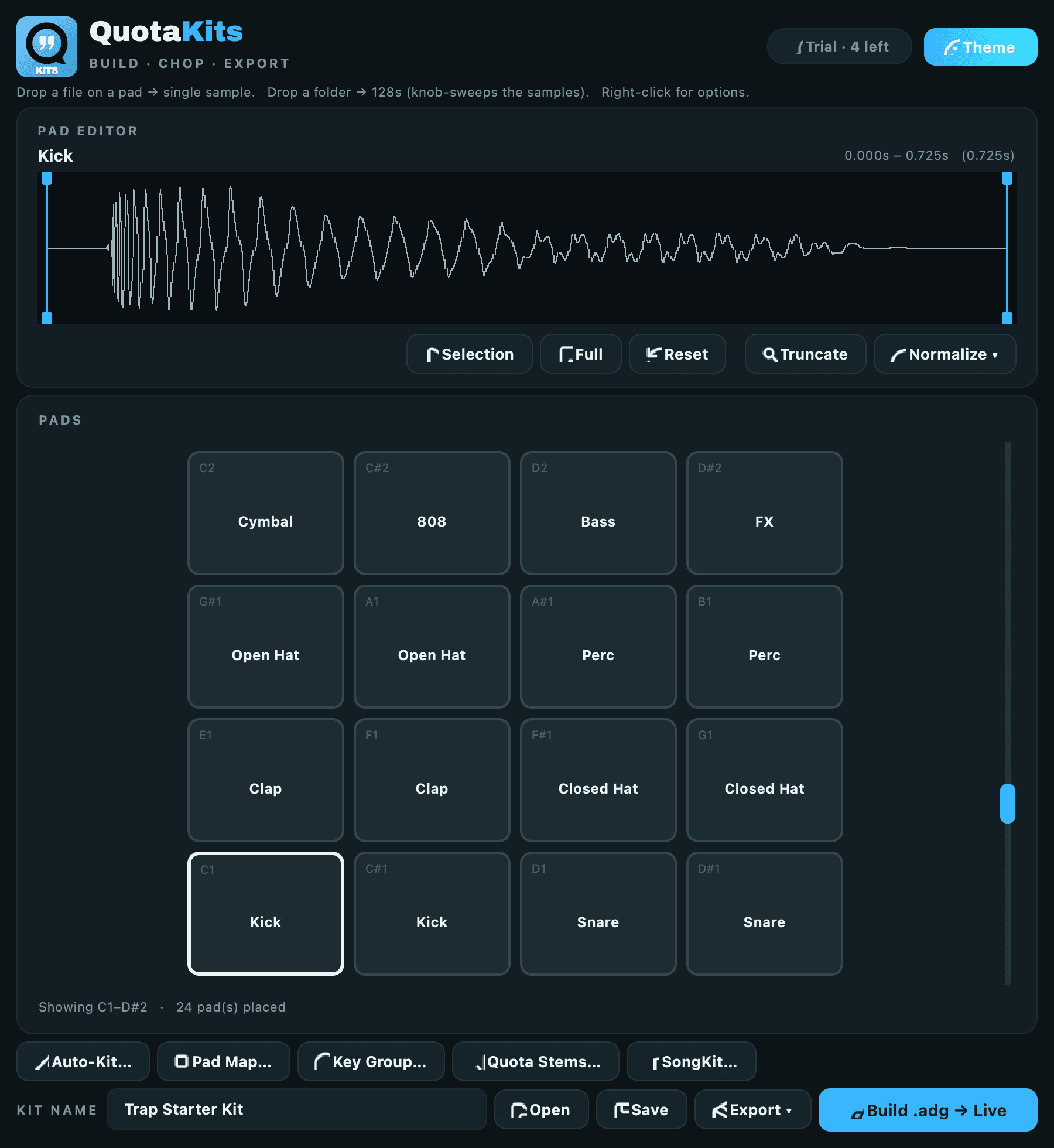 The Quota Kits workspace in the Ice theme