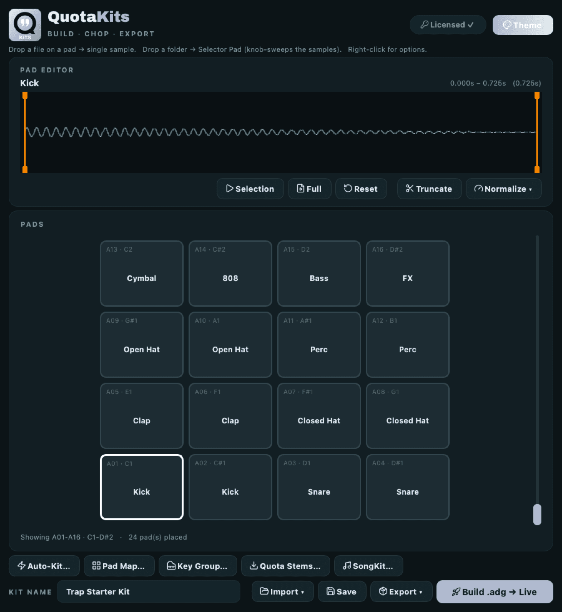The Quota Kits workspace in the Mono theme