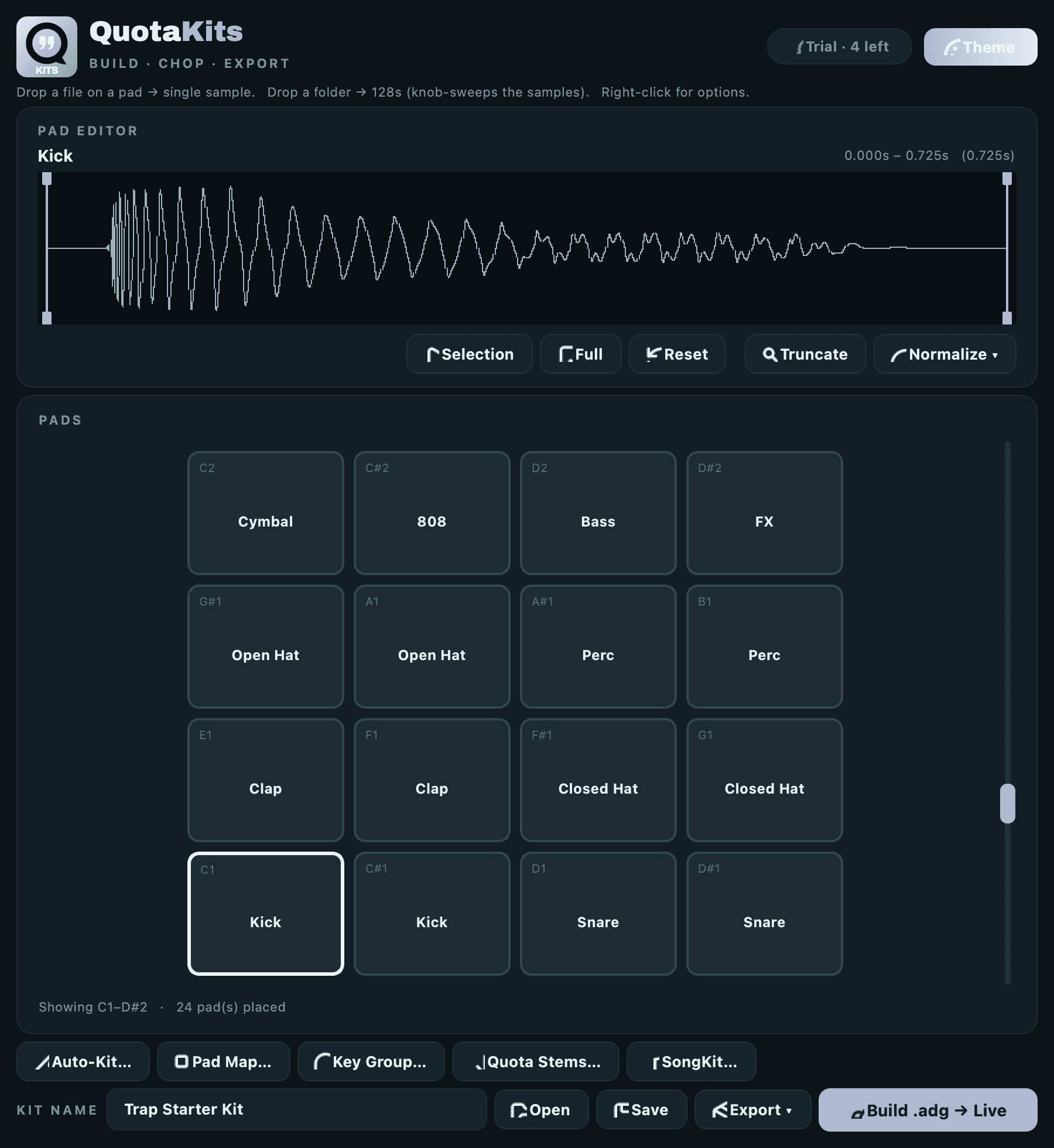 The Quota Kits pad grid and Pad Editor in the Mono theme