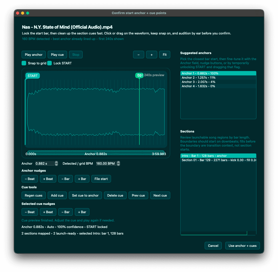 The Confirm start anchor and cue points window, showing 160 BPM detected, a waveform with the START flag, anchor nudges by beat and bar, a ranked list of suggested anchors, and the mapped sections