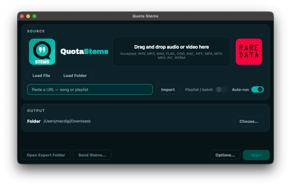 The Quota Stems window: the source card with the drop zone and the accepted formats, a URL field, the output folder, and the Options and Start buttons