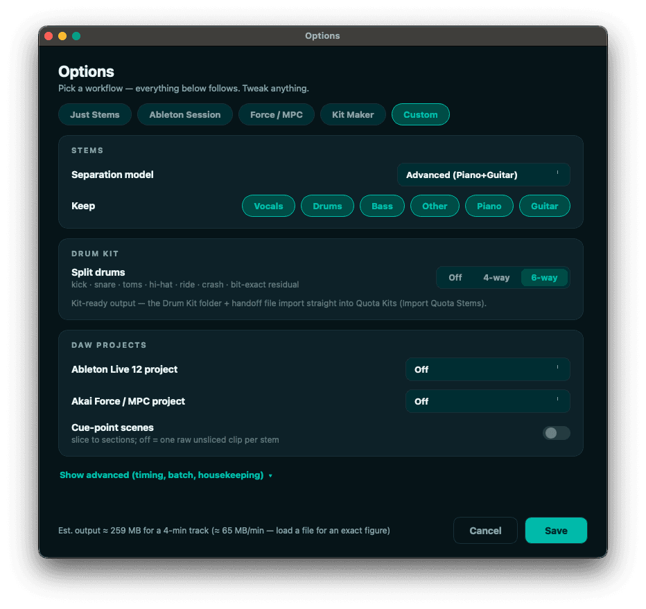 The Quota Stems Options window with the workflow preset chips, the Advanced separation model, all six Keep chips lit, the 6-way drum split, and the DAW project cards