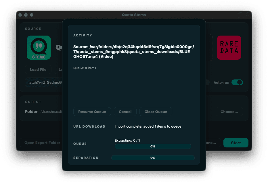Quota Stems mid run, with the activity panel showing the imported source, the queue extracting, and the separation bar