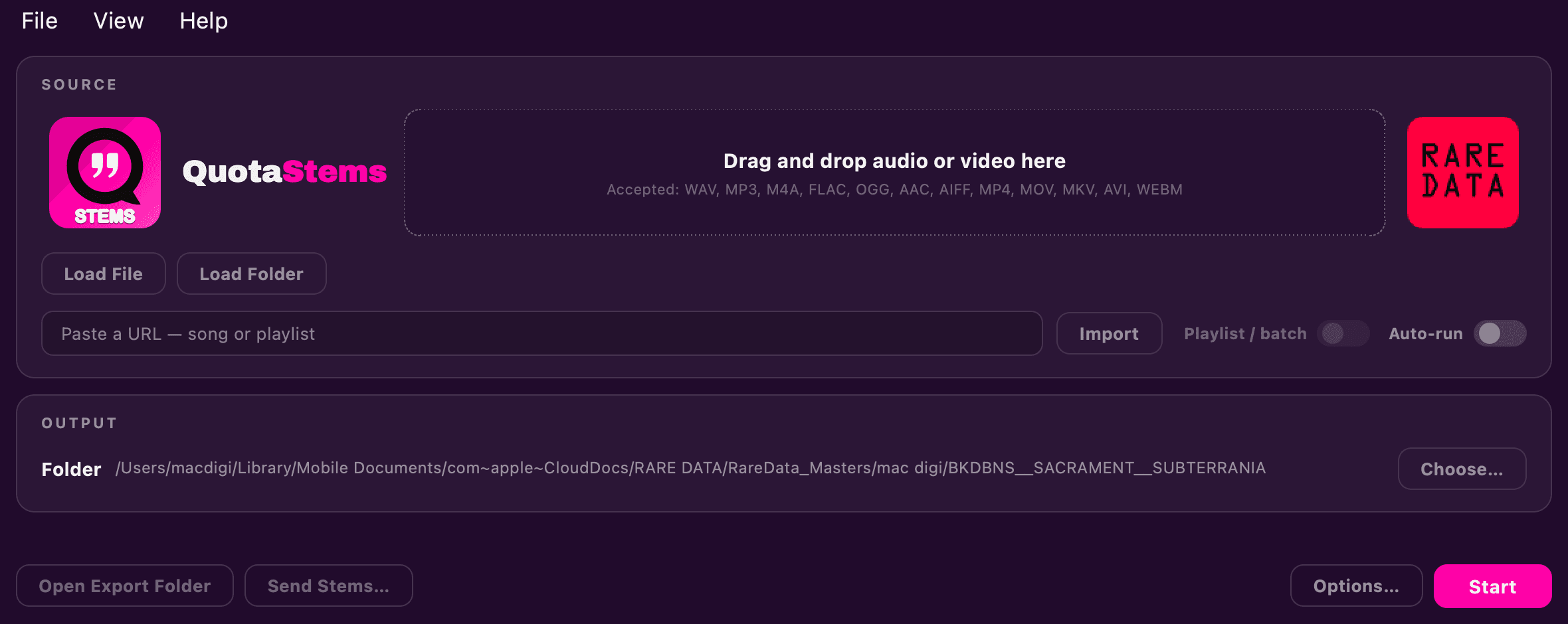 The Quota Stems source panel in the Synthwave Sunset theme