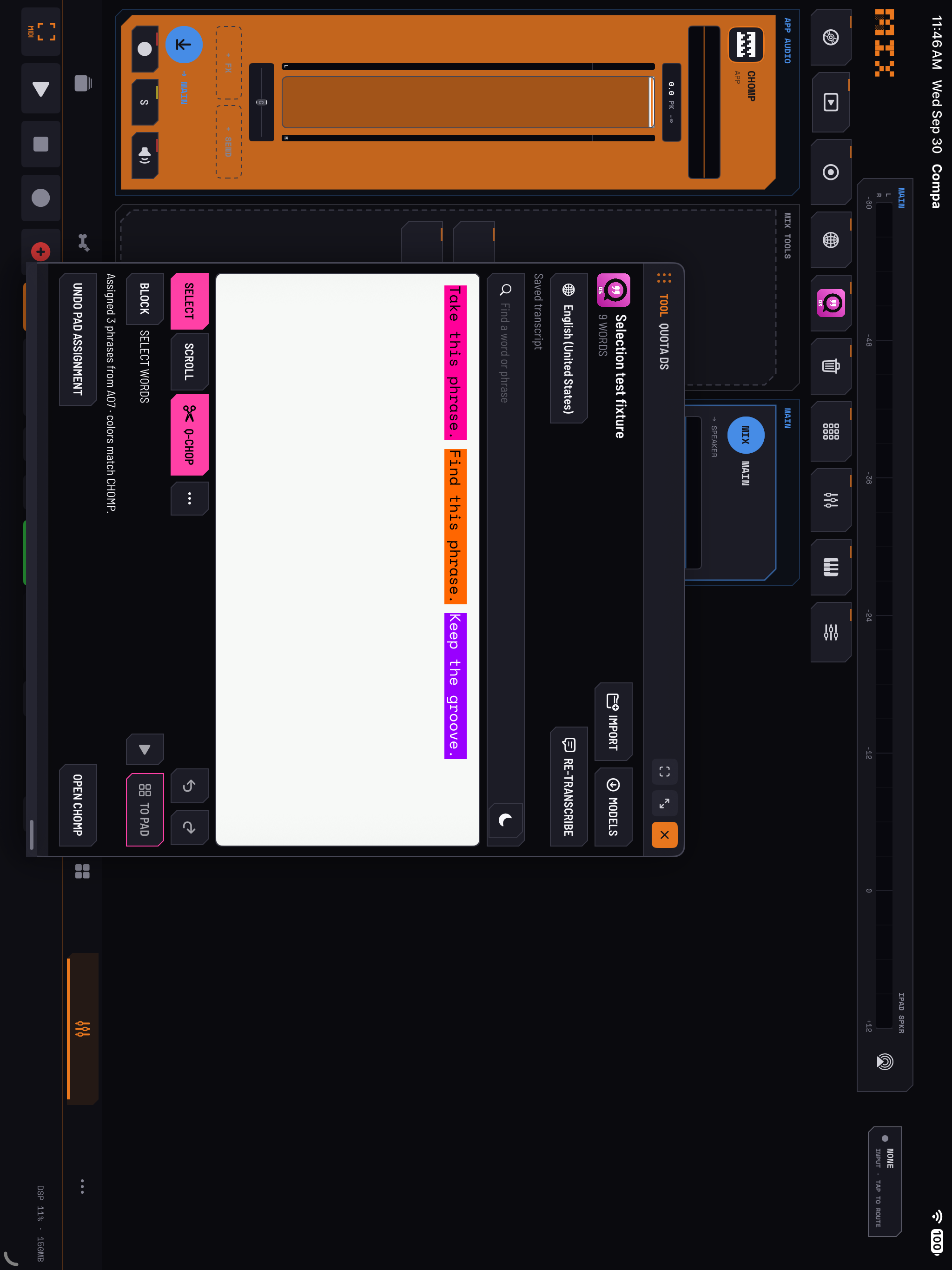 Quota DS in a development build, using a short demonstration transcript. The colored phrase highlights correspond to CHOMP pad assignments.