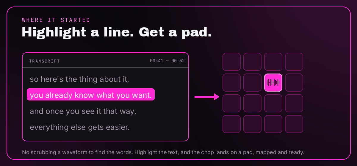 Highlight a line of the transcript and it becomes a playable pad — the idea Quota started from