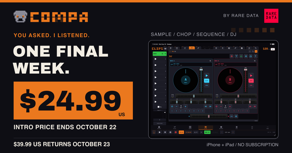 COMPA and Rare Data logos, a real DJ workspace, and the $24.99 introductory offer ending October 22 with $39.99 returning October 23.
