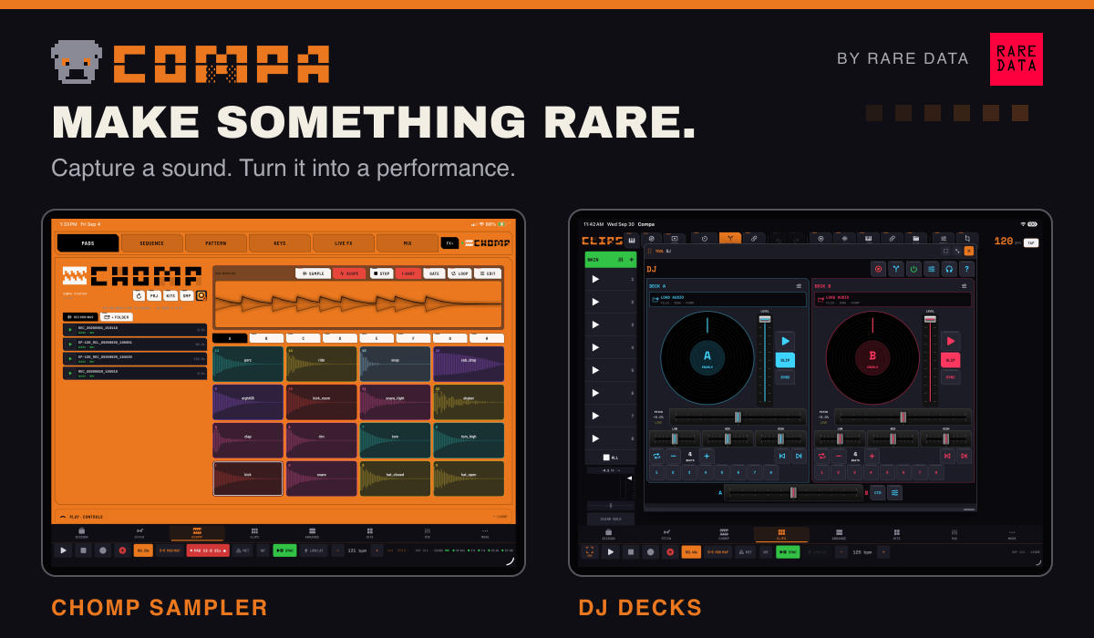 COMPA's CHOMP sampler and DJ deck workspaces.