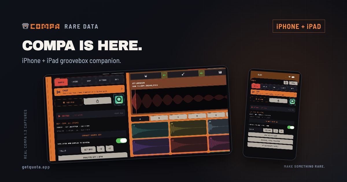 Real COMPA Session and CHOMP screens arranged as an iPad and iPhone companion, with COMPA Is Here lettering.