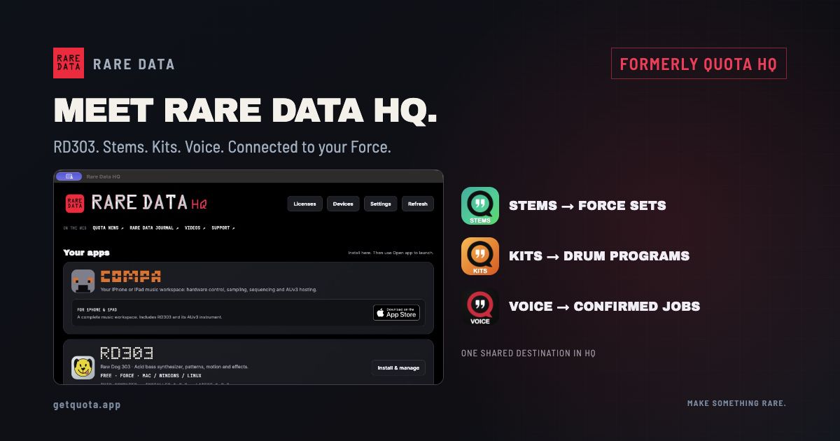 Rare Data HQ with its actual app library and Stems, Kits and Voice workflow graphics.