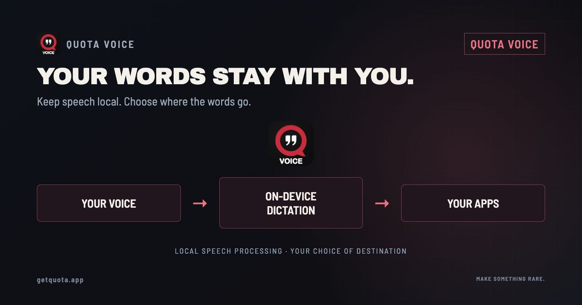 YOUR WORDS STAY WITH YOU. Product artwork for quota voice, using the Quota visual system.