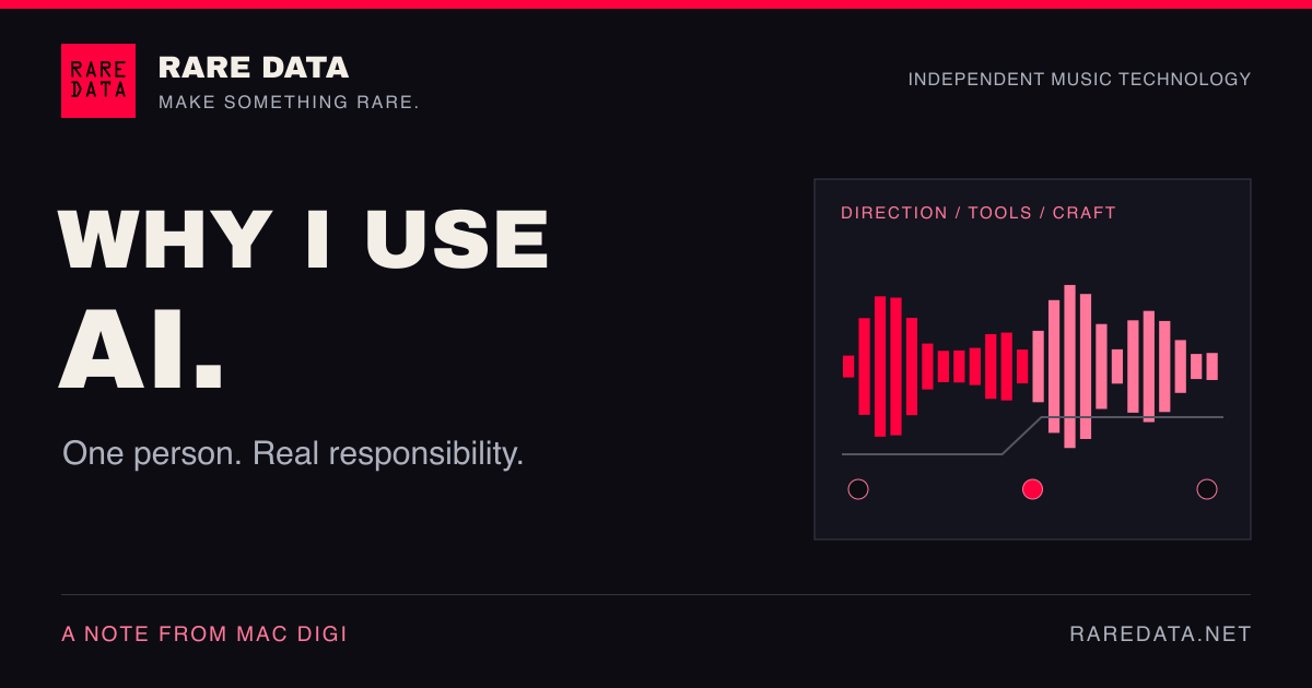 Rare Data's official logo above Why I use AI, with a red audio waveform and the statement One person. Real responsibility.