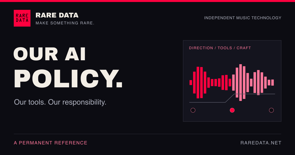 Rare Data AI policy graphic with the official logo, red signal paths and the words Our tools. Our responsibility.