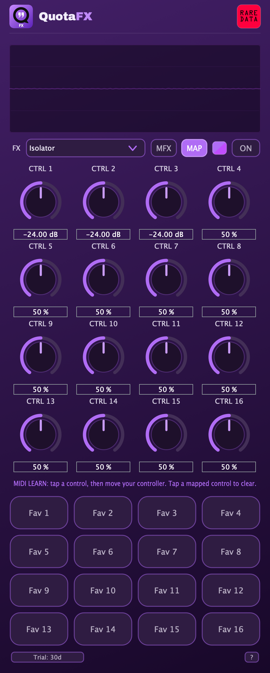Twelve macros mapped to a controller, with the live oscilloscope running