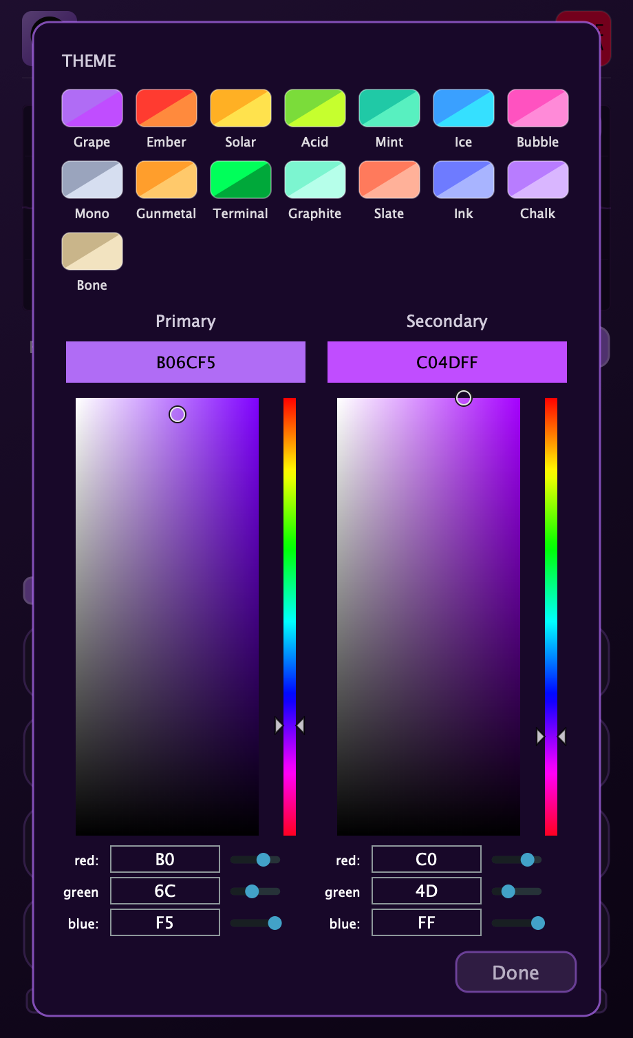 Eight built-in themes plus a two-color designer for color-coding instances