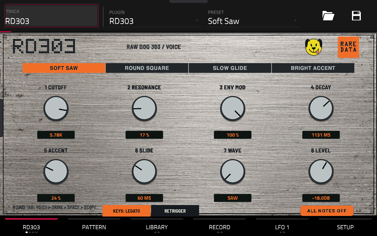 RD303 1.0.0 running on an Akai Force, with the silver skin and eight Q-Link controls