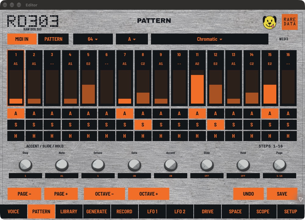 RD303 Pattern editor in the macOS VST3 interface